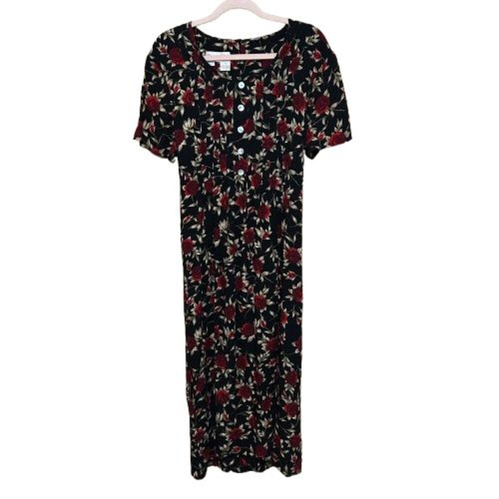 VTG Betsy Lauren 90s Tie Back Maxi Dress Womens 14 Black Rose Floral Whimsigoth